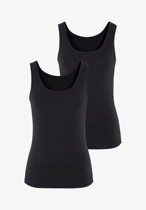 Two black tank tops, sleeveless design, made from soft stretch fabric, featuring a rounded neckline and a fitted silhouette.