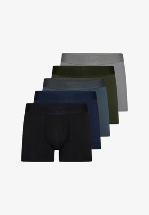 Boxershorts in een set van zes. Kleuren: zwart, donkerblauw, blauwgroen, donkergroen, grijs en lichtgrijs. Voorzien van elastische taillebanden met reliëfbranding.