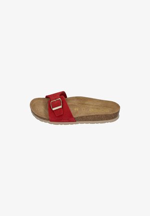 Brown cork sole slide sandal with red adjustable suede strap and silver buckle, size 38, left foot orientation.