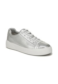 Silver leather sneaker with a low profile, white rubber sole, flat laces, and textured upper. Features a logo on the side.