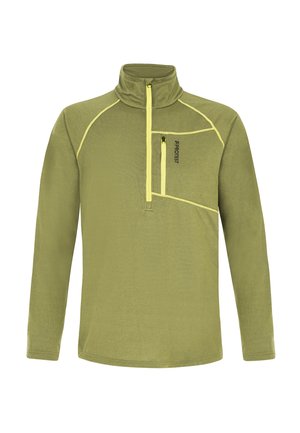 Groene fleece pullover met een hoge kraag, halve rits aan de voorkant en gele accenten. GeTextureerde stof en een met rits afgesloten zak op de borst.