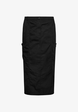 Mustalettuhame suoran leikkauksen omaava, pehmeästä kankaasta valmistettu. Siinä on joustava vyötärö ja kaksi sivutaskua. Yksinkertainen ja toiminnallinen muotoilu.