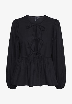 Must mustvalge puuvillane pluus ümmarguse kaelusega, puffidega pikad varrukad, stringiga esitasku ja peplum äär.