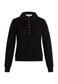 Pullover nero lavorato a maglia con colletto strutturato e una lista di bottoni a cinque con dettagli in oro. Maniche lunghe e orlo aderente.