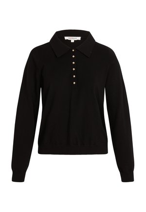 Zwarte gebreide pullover met een gestructureerde kraag en een knoopsluiting met vijf knopen, voorzien van gouden hardware. Lange mouwen en een aansluitende zoom.