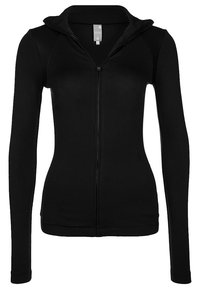 Sweat à capuche noir à manches longues avec fermeture éclair, en tissu extensible, doté d'une coupe ajustée, d'une capuche et de coutures plates pour le confort. Aucun motif ni logo visible.