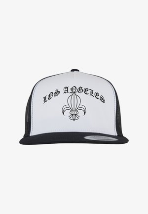 Biała przednia część, czarny siatkowy tył snapbacka z tekstem "LOS ANGELES" i stylizowanym symbolem fleur-de-lis z "323" na przednim panelu.