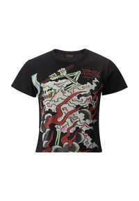 Black short-sleeve T-shirt featuring a colorful skeleton graphic with red, green, and pink details, in a fitted design.