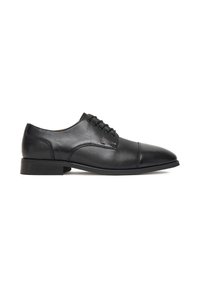 Black leather dress shoe with a smooth texture, rounded toe, and lace-up design. Features a low heel and subtle stitching details.