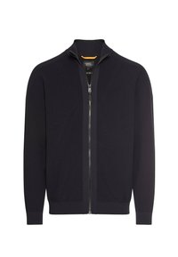 Sort zip-up sweater med høj krave, tekstureret strikkemønster og ribbede manchetter. Har en kontrasterende farve på den indre krave.