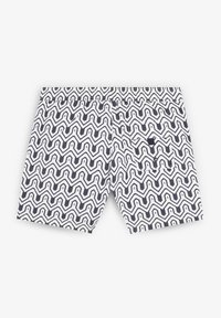 Swim shorts made of fabric with a wavy black and white pattern, featuring an elastic waistband and a back pocket.