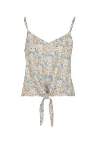 Kwiecowy top na ramiączkach z lekkiego materiału. Posiada dekolt w kształcie litery V, cienkie ramiączka oraz węzeł z przodu. Kolory obejmują niebieski, żółty i różowy.
