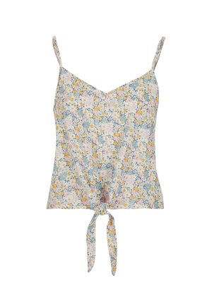 Květinový top s tenkými ramínky v lehkém materiálu. Má výstřih ve tvaru V, tenké ramínka a detail s uzlem na přední části. Dostupný v barvách modré, žluté a růžové.