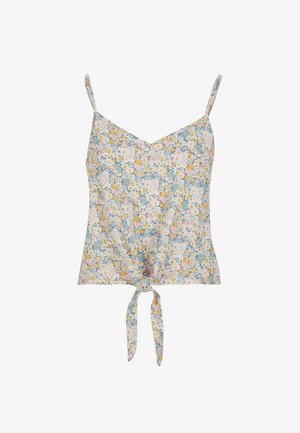 Camisola floreale in tessuto leggero. Presenta una scollatura a V, spalline sottili e un dettaglio ancorato sul davanti. I colori disponibili includono blu, giallo e rosa.