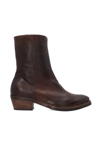 Hnědé kožené kotníkové boots s mírně zaoblenou špičkou, minimálním prošíváním a vrstveným dřevěným podpatkem. Hladká textura a jednoduchý design.