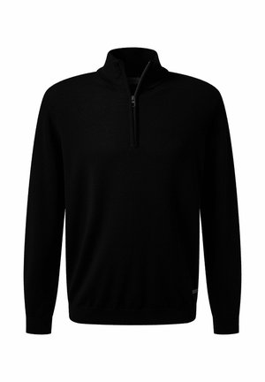 Schwarzer Zip-Pullover aus weichem Material, mit langen Ärmeln, hohem Kragen und einer slim-fit Passform mit einem dezenten Logodetail am Saum.