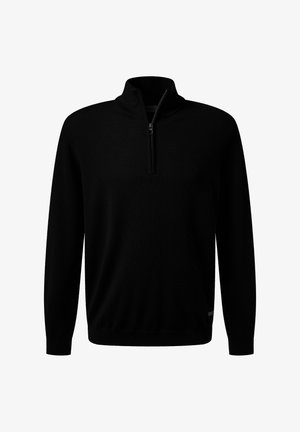 Schwarzer Zip-Pullover aus weichem Material, mit langen Ärmeln, hohem Kragen und einer slim-fit Passform mit einem dezenten Logodetail am Saum.