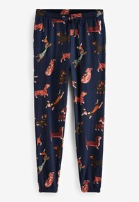 Marine joggers met een speelse print van teckels in verschillende houdingen en kleuren, met een elastische tailleband en enkelmanchetten.