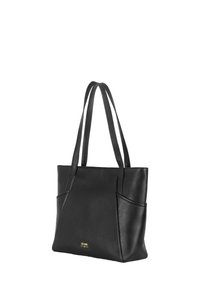 Czarna skórzana torba na ramię z teksturowanym wykończeniem, dwiema długimi rączkami i skośnymi kieszeniami z przodu. Charakteryzuje się dyskretnym złotym logo z przodu.