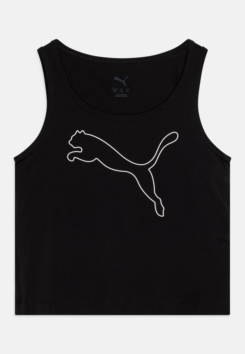 Črn top brez rokavov iz mehkega materiala, ki se ponaša z izstopajočim belim grafičnim logom Puma. Oblikovanje vključuje klasičen okrogel izrez in široke naramnice.