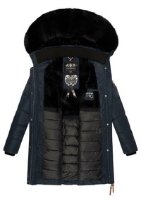Dark blue puffer jacket with a black faux fur-lined hood, zip closure, and elastic cuffs. Features quilted interior and logo patches.
