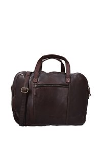 Valigetta in pelle marrone scuro con doppie maniglie, tasca frontale con cerniera e tracolla regolabile, mostrata su uno sfondo bianco.