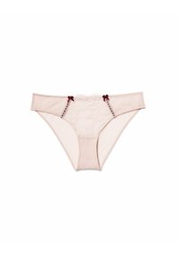 Lace bikini in light beige with soft fabric, featuring burgundy ribbon accents and a floral lace panel at the front.
