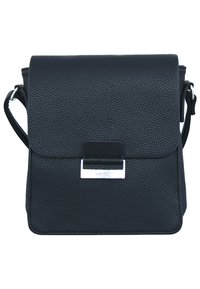 Black leather crossbody bag with textured surface, fold-over flap, metallic clasp, and adjustable strap. Compact rectangular shape.