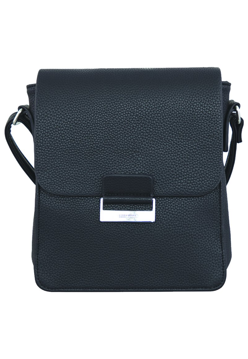 Black leather crossbody bag with textured surface, fold-over flap, metallic clasp, and adjustable strap. Compact rectangular shape.
