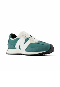 Teal and white athletic shoe with suede and fabric upper, rounded toe, lace-up design, and textured rubber sole for traction.
