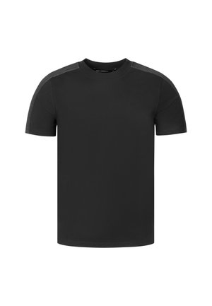 Schlichtes schwarzes T-Shirt mit kurzem Ärmel und Rundhalsausschnitt mit dezenten dunkleren Streifen entlang der Schultern und Ärmel.