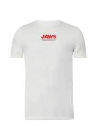 Weißes Baumwoll-T-Shirt mit auffälligem roten "JAWS"-Schriftzug und einem Zitat in kleinerer schwarzer Schrift. Kurzärmlig, Rundhalsausschnitt und taillierte Passform.