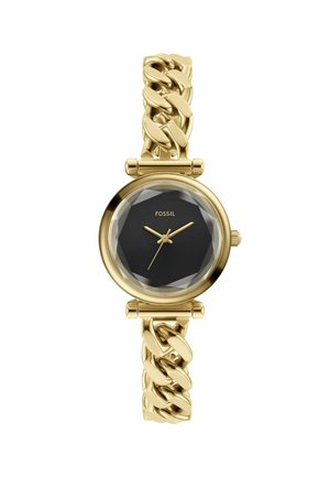 Zlatý hodinky se černým fasetovým ciferníkem, zlatými ručičkami a robustním řetězovým náramkem. Mají elegantní kulatý pouzdro a sponu.