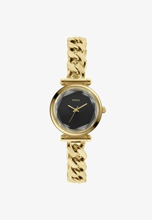 Zlatý hodinky se černým fasetovým ciferníkem, zlatými ručičkami a robustním řetězovým náramkem. Mají elegantní kulatý pouzdro a sponu.