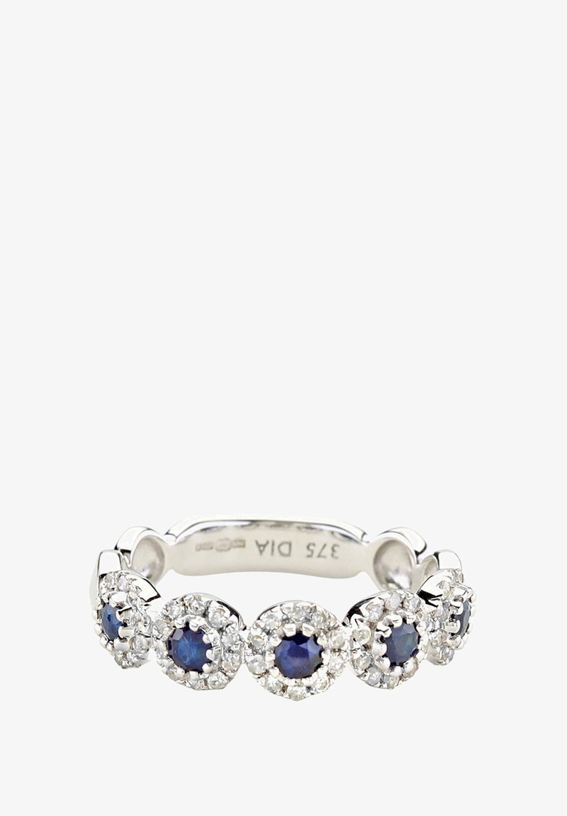 Srebrni prsten s naizmjeničnim okruglim plavim safirima i dijamantnim skupinama, teksturirani pojas s glatkim rubovima, elegantan zatvoren dizajn.