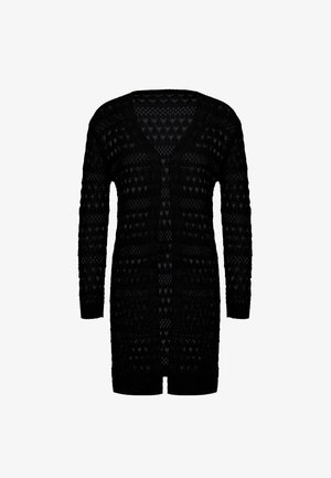 Zwarte gebreide cardigan met een V-hals, lange mouwen en een open voorkant. Heeft textuurpatronen door het hele kledingstuk en valt tot midden boven de knie.