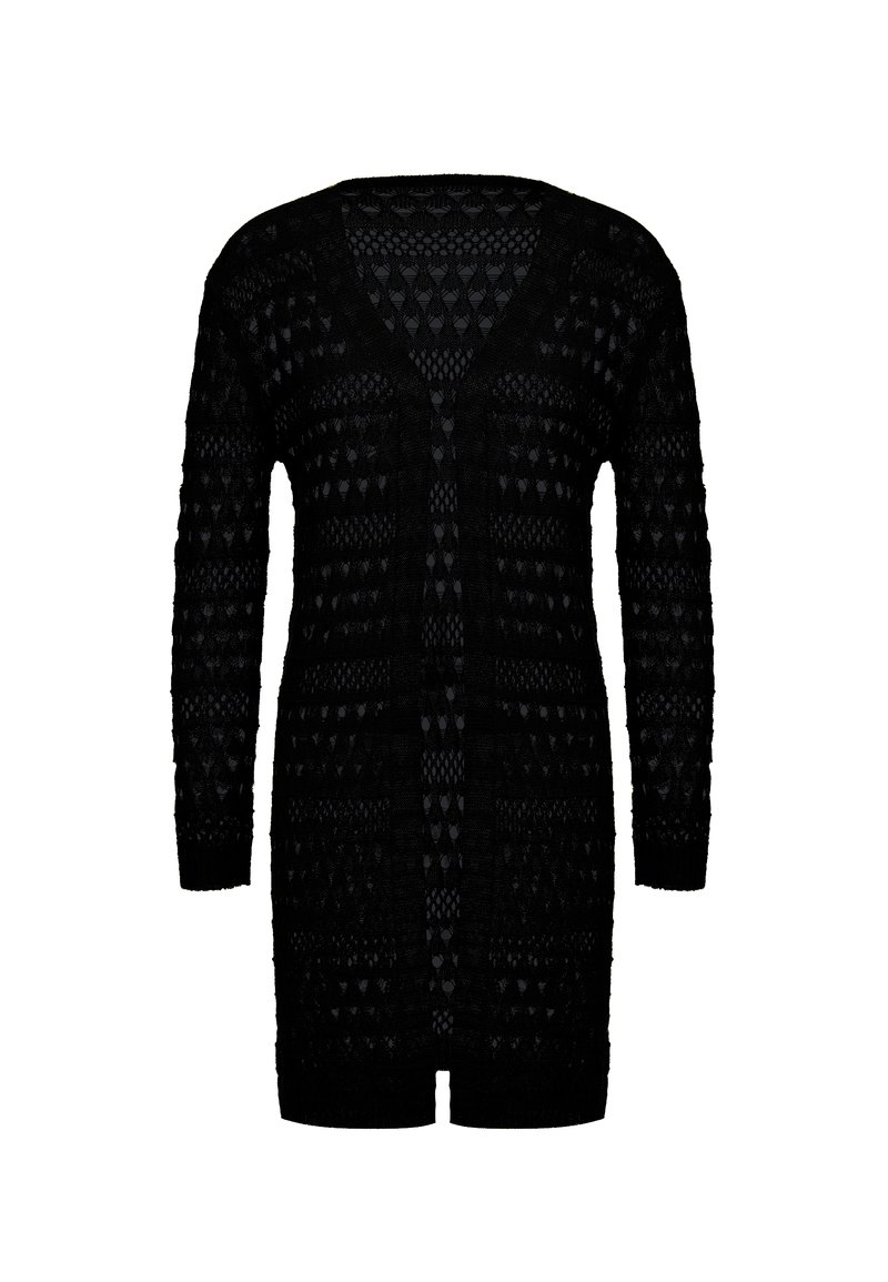 Svart stickad cardigan med V-ringning, långa ärmar och öppen framsida. Har texturerade mönster överallt och når till mitten av låret.