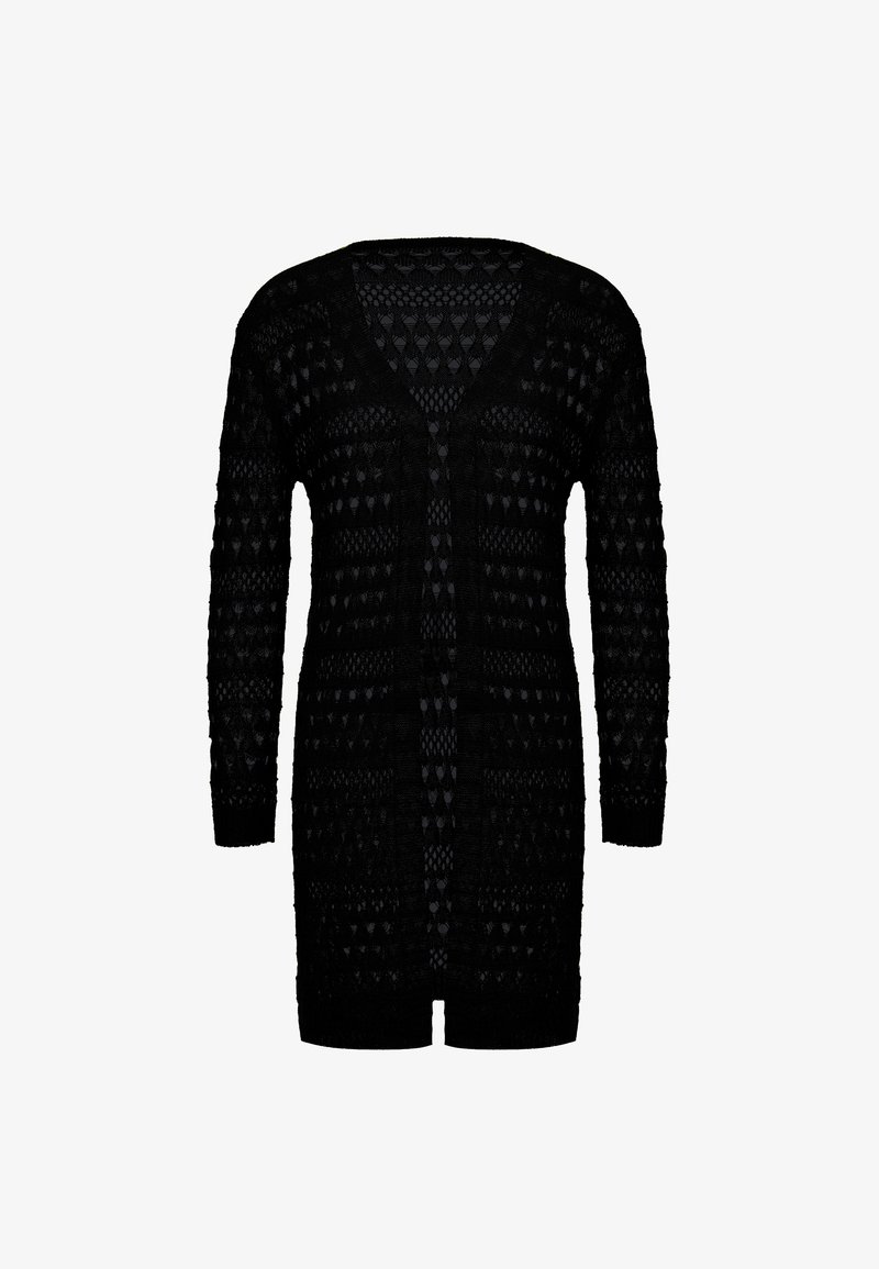 Schwarze Strickjacke mit V-Ausschnitt, langen Ärmeln und offener Front. Verfügt über strukturierte Muster und reicht bis zur Mitte des Oberschenkels.