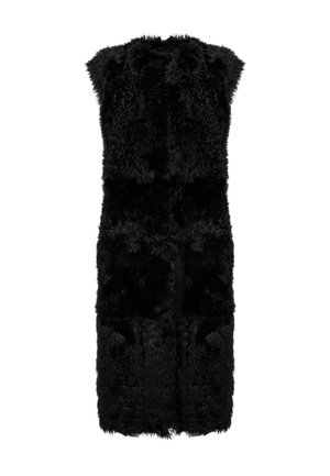 Gilet in pelliccia sintetica nera con design senza maniche, caratterizzato da una superficie testurizzata e una forma leggermente svasata. Nessun gancetto visibile.