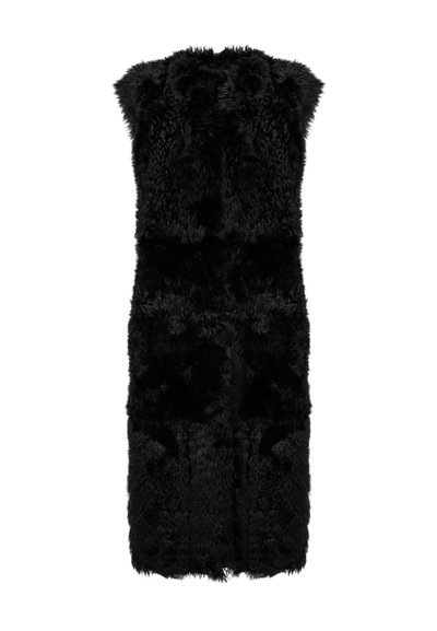Gilet in pelliccia sintetica nera con design senza maniche, caratterizzato da una superficie testurizzata e una forma leggermente svasata. Nessun gancetto visibile.