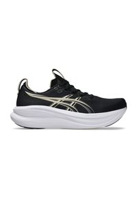 Black running shoe with beige logo accents, thick white cushioned sole, lace-up design, and pull tabs on tongue and heel.