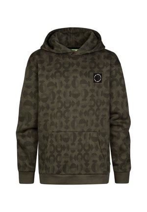Dunkelgrüner Kapuzenpullover mit schwarzem abstraktem Muster, Fronttasche und kleinem rundem Logo-Patch auf der Brust.