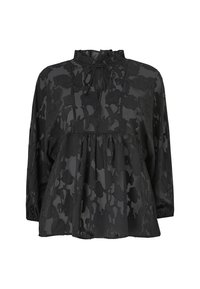 Sort bluse med blomstermønster, letvægtsstof, høj hals med bånd, lange ærmer, samlet talje og tekstureret detaljering throughout.