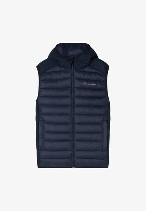 Námořnická modrá vycpaná bezrukávová bunda s kapucí, předním zipem, postranními kapsami a logem Champion na levém hrudníku.