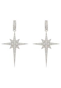 Sterling silver star-shaped earrings adorned with clear, sparkling gemstones; features a layered design with pointed tips and a hinged clasp.