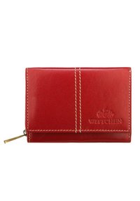 Red leather wallet with smooth texture, embossed "WITTCHEN" logo, white stitching, and a zippered section for coins or cards.