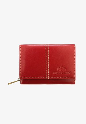 Rote Lederbörse mit glatter Textur, geprägtem "WITTCHEN"-Logo, weißem stitching und einem Reißverschlussfach für Münzen oder Karten.