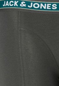 Mutande grigio scuro con un elastico marchiato teal e bianco, caratterizzate da una texture morbida e cuciture piatte per il massimo comfort.