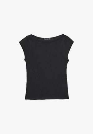 Zwarte short-sleeve top van zachte stof. Heeft een ronde halslijn en een getailleerde pasvorm. Gladde textuur zonder zichtbare patronen.