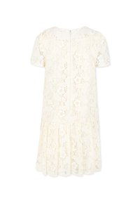 Abito di pizzo bianco con maniche corte, motivo floreale e gonna plissettata. Presenta una zip sul retro e un colletto rotondo.